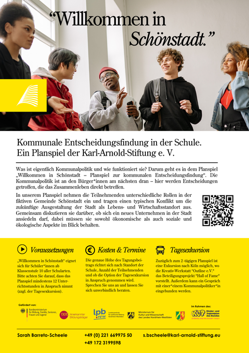 Flyer zum Planspiel „Willkommen in Schönstadt“ der Karl-Arnold-Stiftung