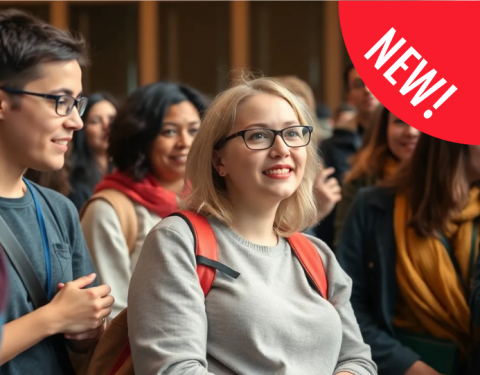 Mit KI erstelltes Foto einer Gruppe junger Menschen und dem Claim "New!" in der oberen rechten Ecke