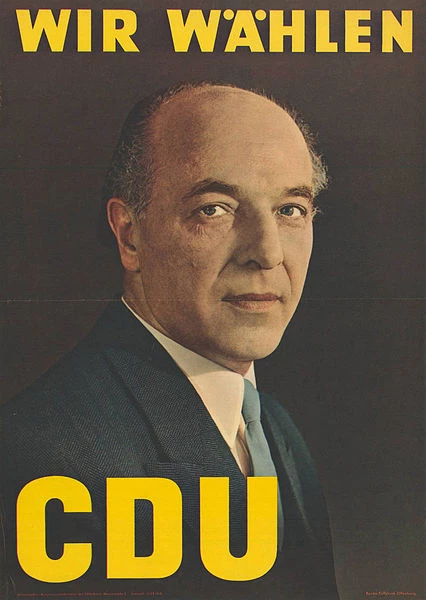 Wahlplakat der CDU mit dem Porträt von Kar Arnold und dem Claim Wir wählen CDU, 1950er Jahre