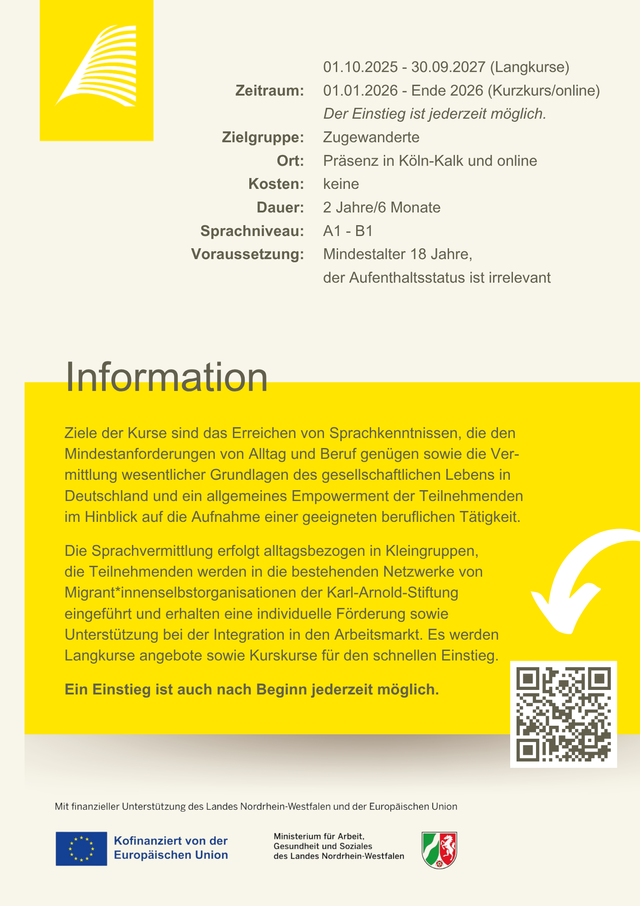 Flyer für Deutschkurs für Jugendliche in Köln-Kalk mit Online-Option, 10.01.2026 bis 30.08.2027.